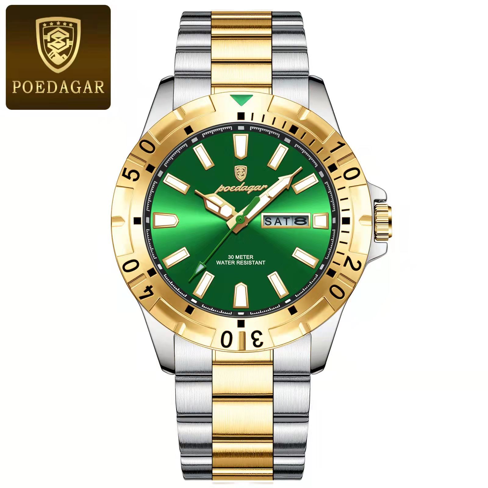 Luxury Men Quartz Watch with Luminous Dial, Date Week Display and Stainless Steel Band