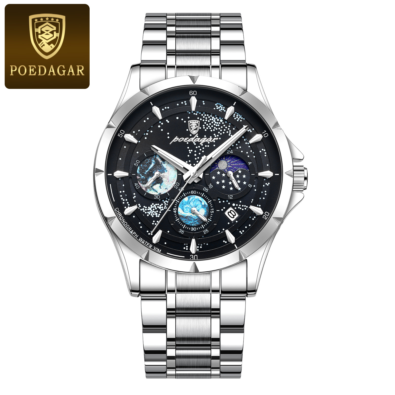 Luxury Men's Stainless Steel Chronograph Quartz Watch with Luminous Date Display