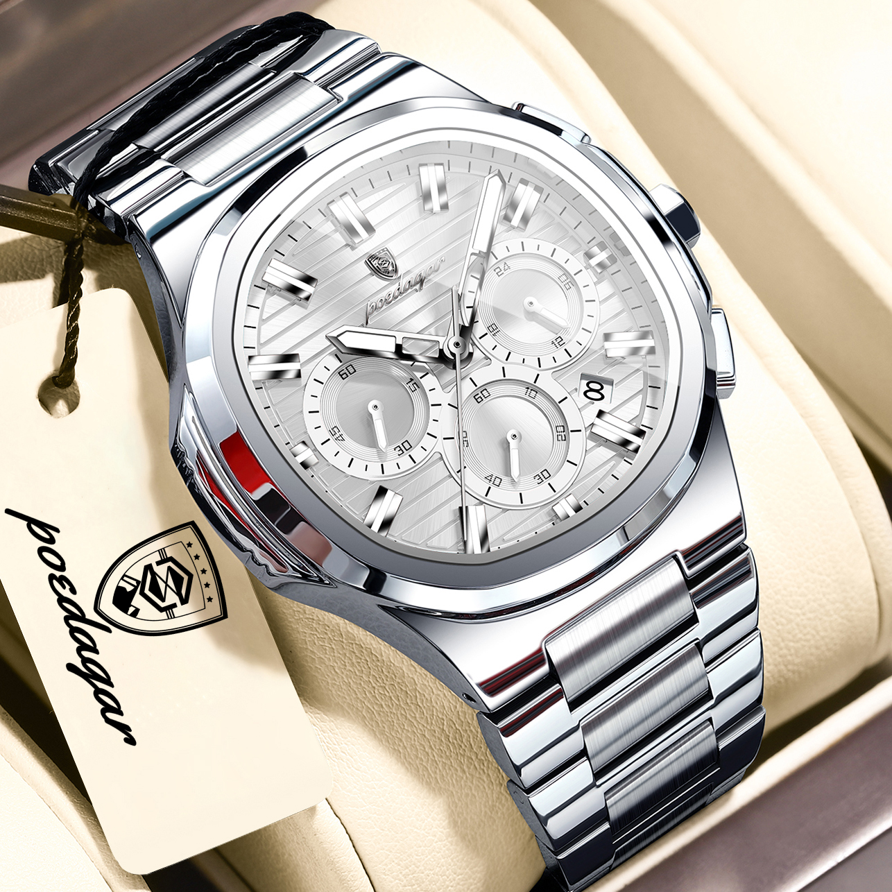 Luxury Stainless Steel Men Chronograph Watch with Waterproof Design and Luminous Dial