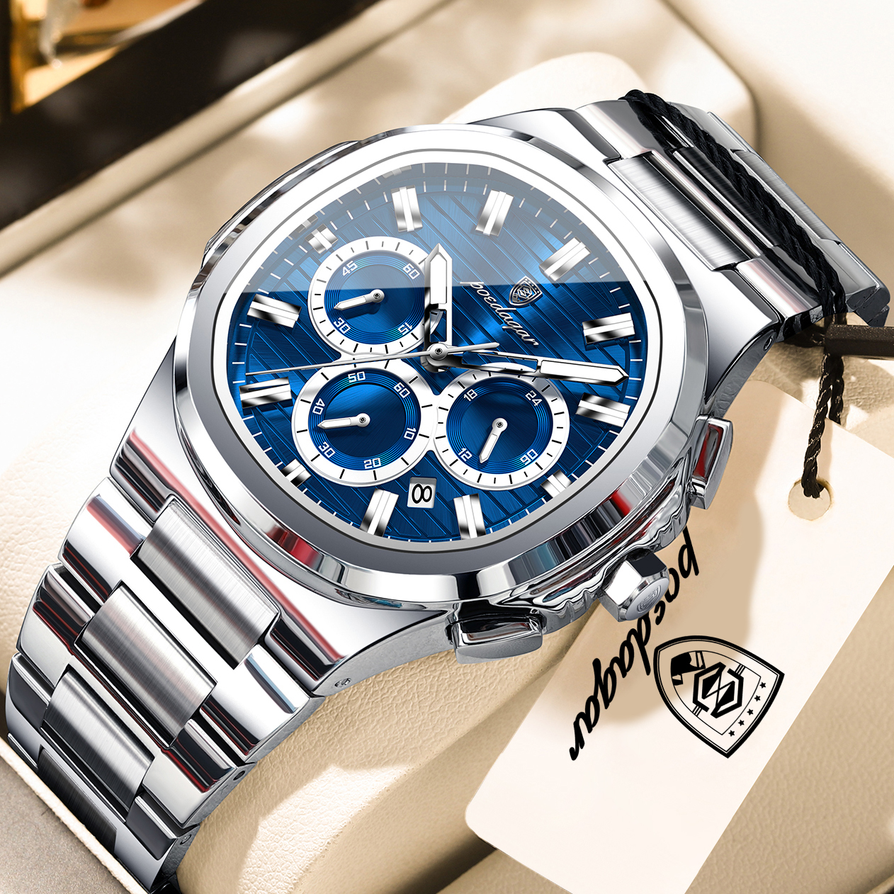 Luxury Stainless Steel Men's Chronograph Watch with Luminous Dial Waterproof Business Style
