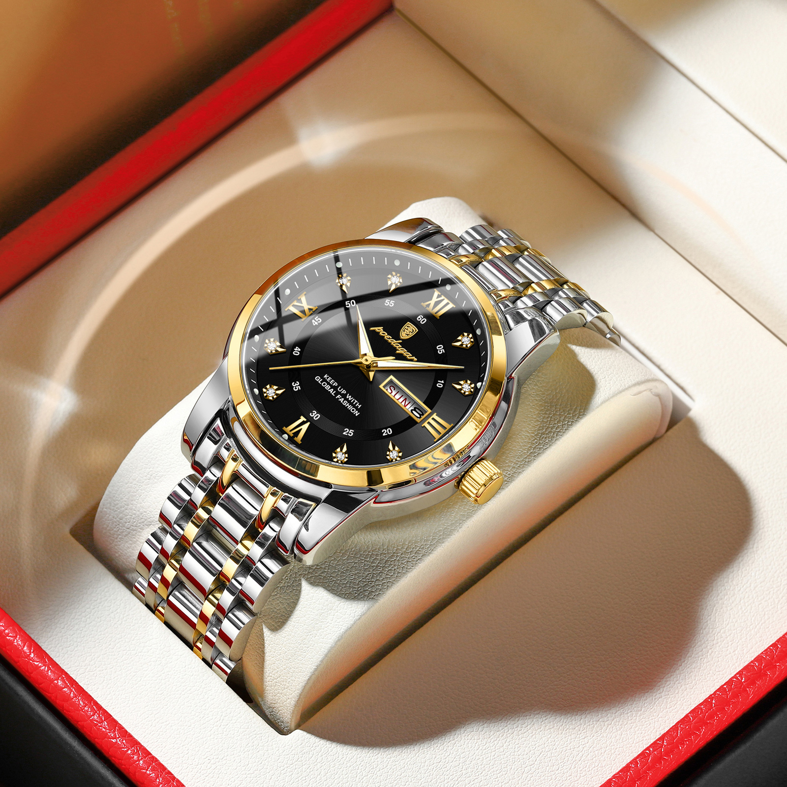 Luxury Stainless Steel Men Watch with Date Week Display Waterproof Luminous Quartz Wristwatch
