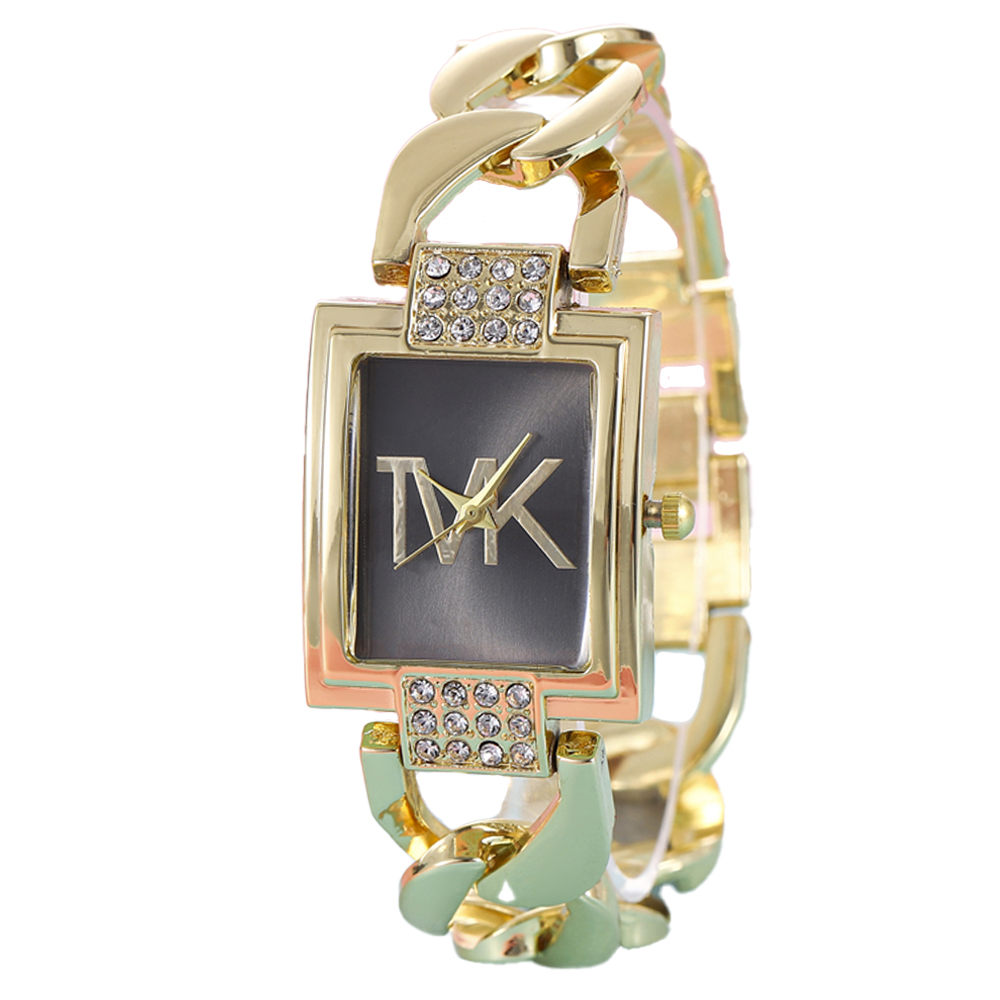 Luxury Gold Square Women Watch With Diamond Dial Stainless Steel Quartz Dress Watch