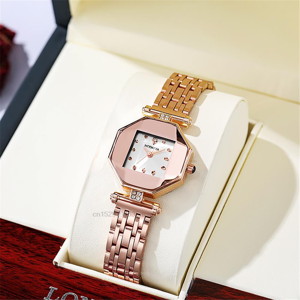 Luxury Rose Gold Stainless Steel Square Diamond Design Women Quartz Watch