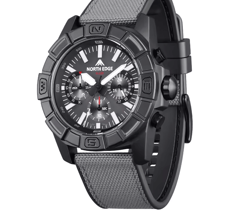 Solar Powered Pilot Watch for Men Stainless Steel Waterproof Quartz Chronograph