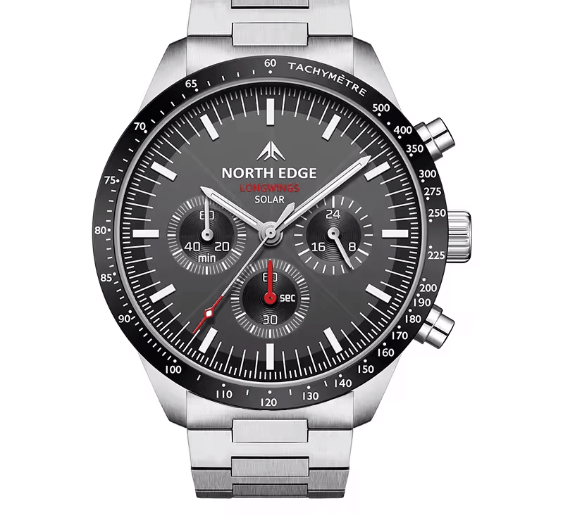 Solar Powered Men Quartz Watch Stainless Steel Waterproof Pilot Watch