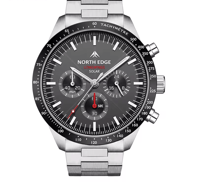 Solar Powered Mens Pilot Watch Stainless Steel Waterproof Chronograph