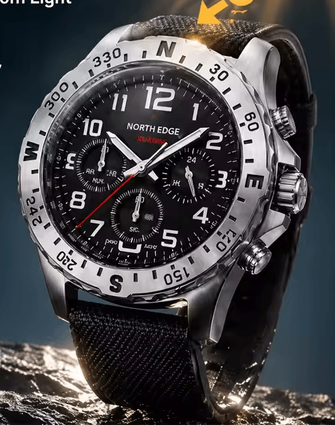 Solar Powered Mens Pilot Watch Stainless Steel Waterproof Quartz