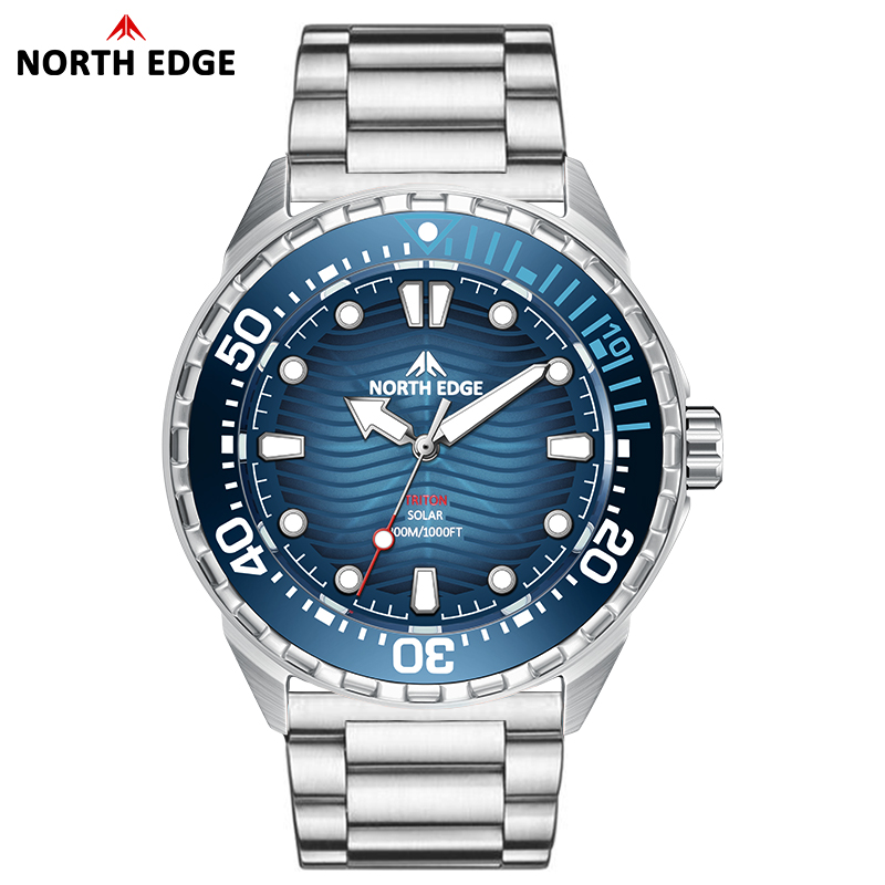 Solar Powered Mens Dive Watch Stainless Steel Waterproof Quartz Wristwatch