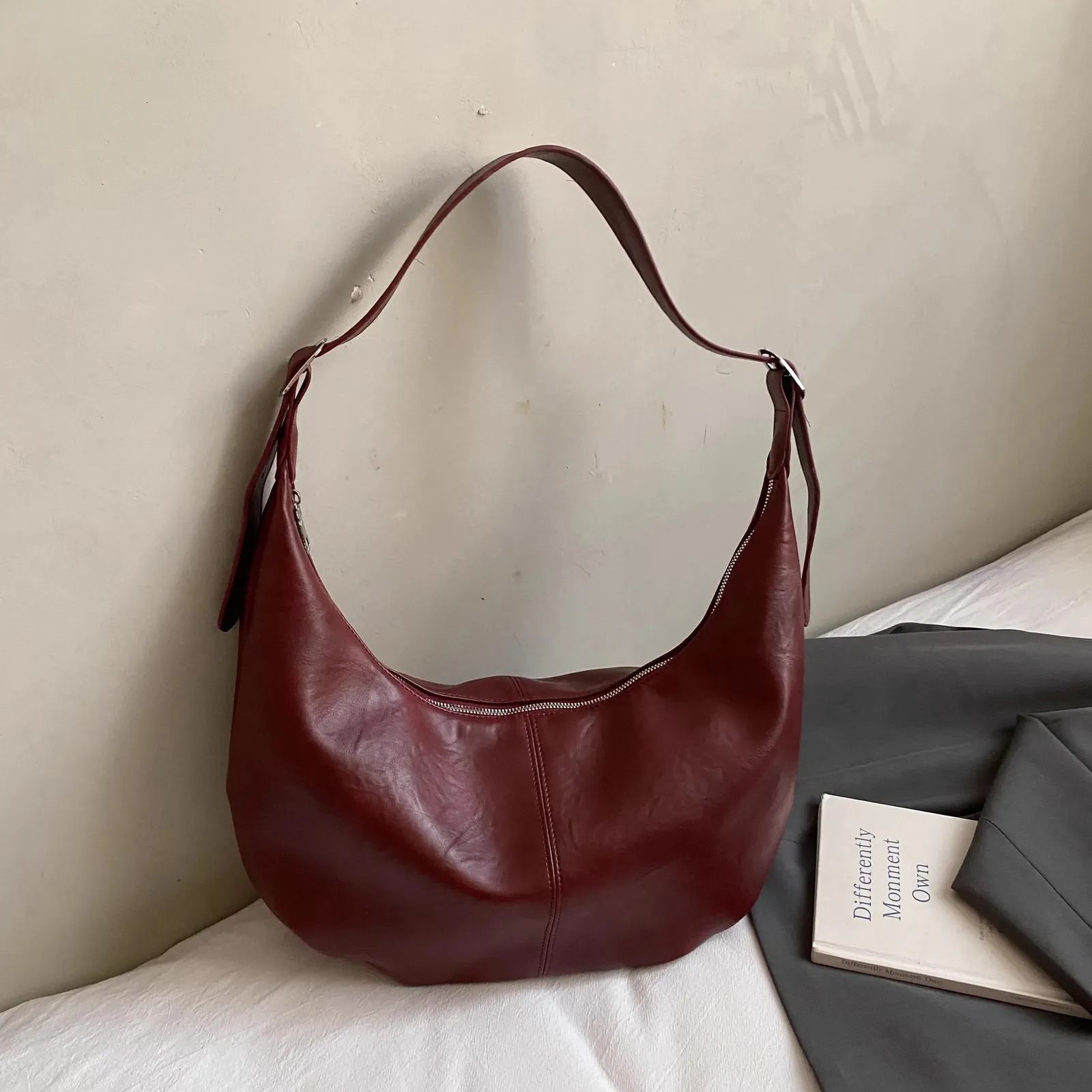 Vintage PU Leather Half Moon Shoulder Bag for Women