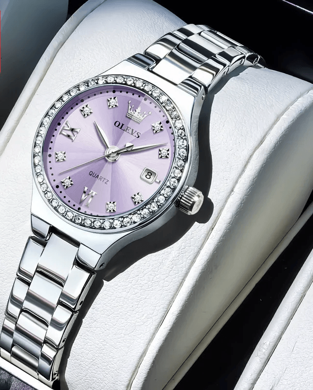 Elegant Womens Quartz Watch Pink Dial Gemstone Stainless Steel Waterproof Watch