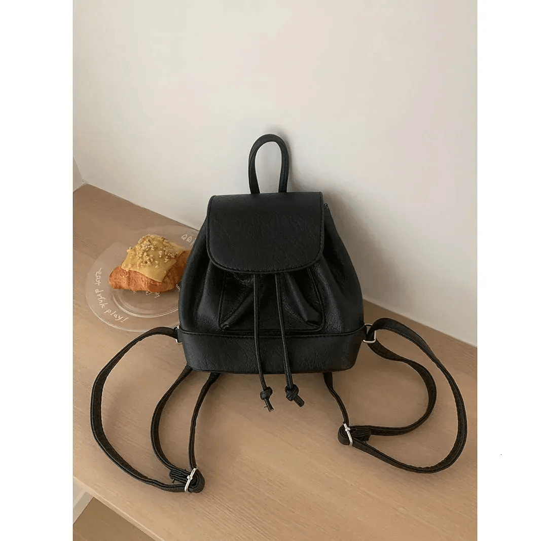PU Leather Mini Backpack for Women Cute Flap Drawstring College Bag