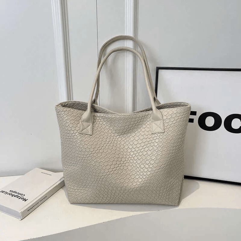 Handmade Woven PU Leather Tote Bag Large Capacity Shoulder Bag for Work Travel Daily Use