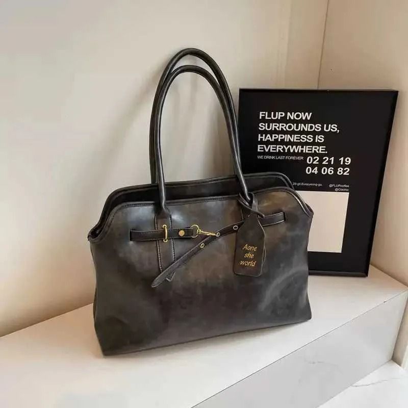 Vintage Distressed PU Leather Work Tote Bag for Women Large Capacity Shoulder Handbag