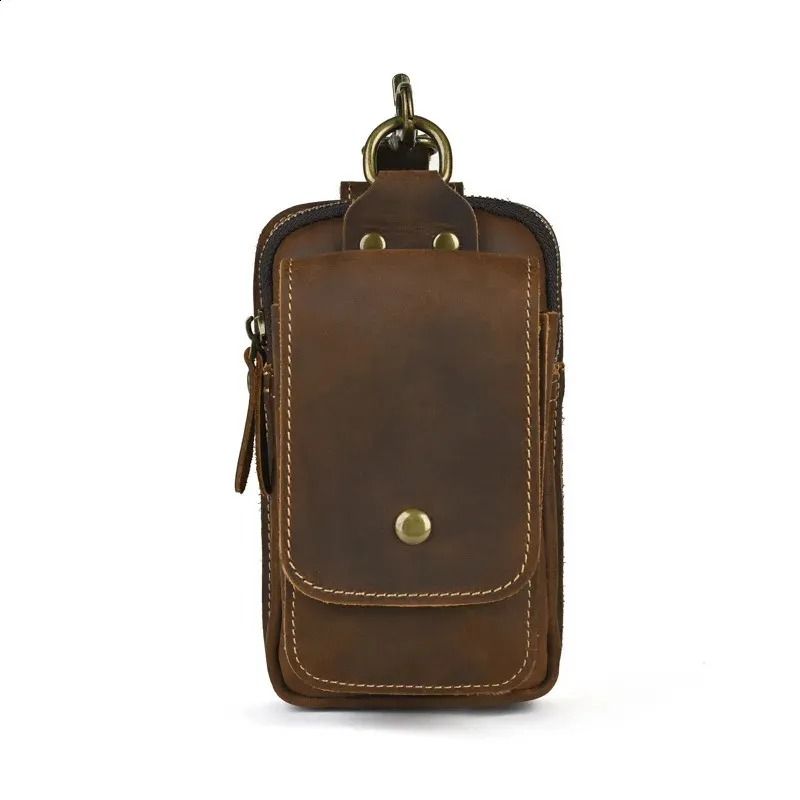 Men Genuine Leather Belt Phone Pouch Retro Cowhide Waist Bag with Zipper