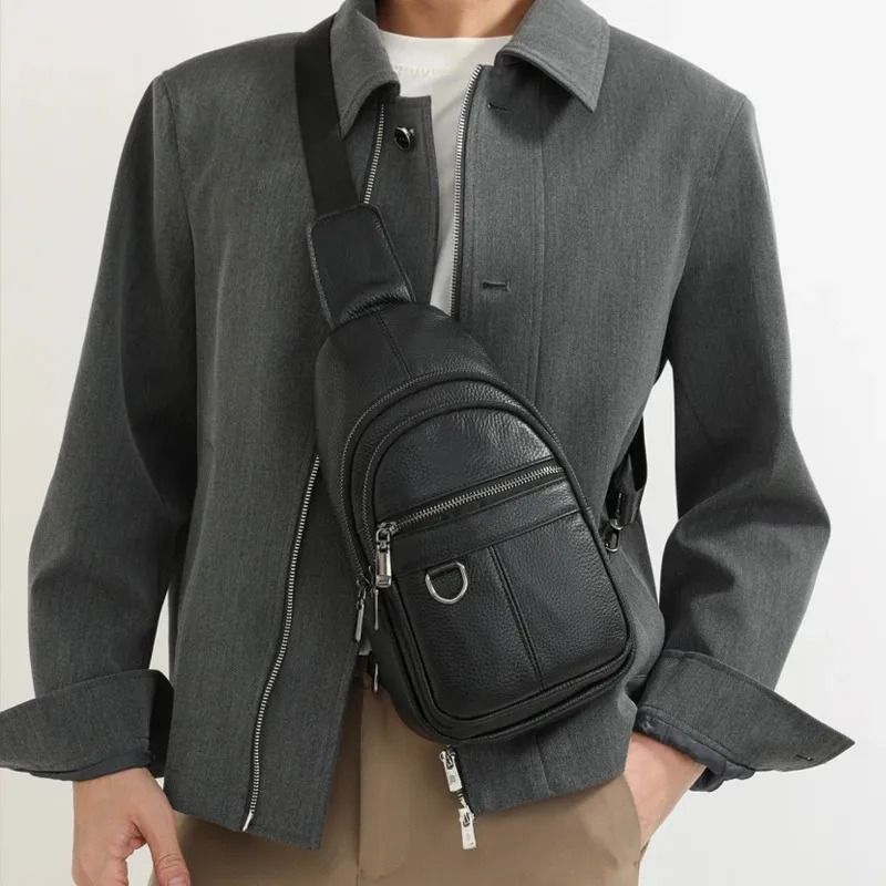 Mens Genuine Leather Chest Bag Minimalist Black Crossbody Sling Shoulder Bag