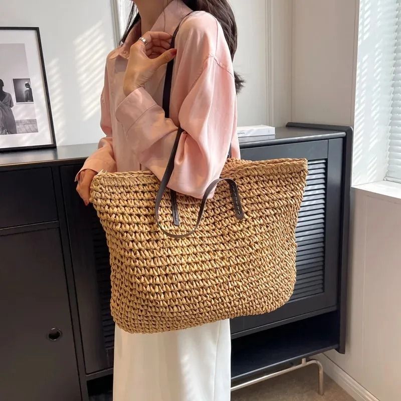 Straw Woven Tote Bag Large Capacity Summer Beach Shoulder Handbag for Women