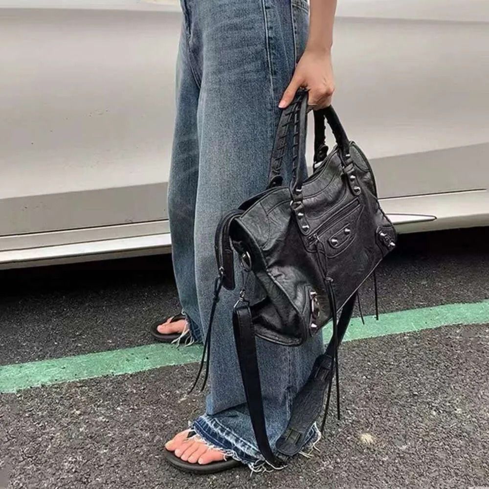 Large Capacity Motorcycle Shoulder Bag Rivet Crossbody Tote for Everyday Carry