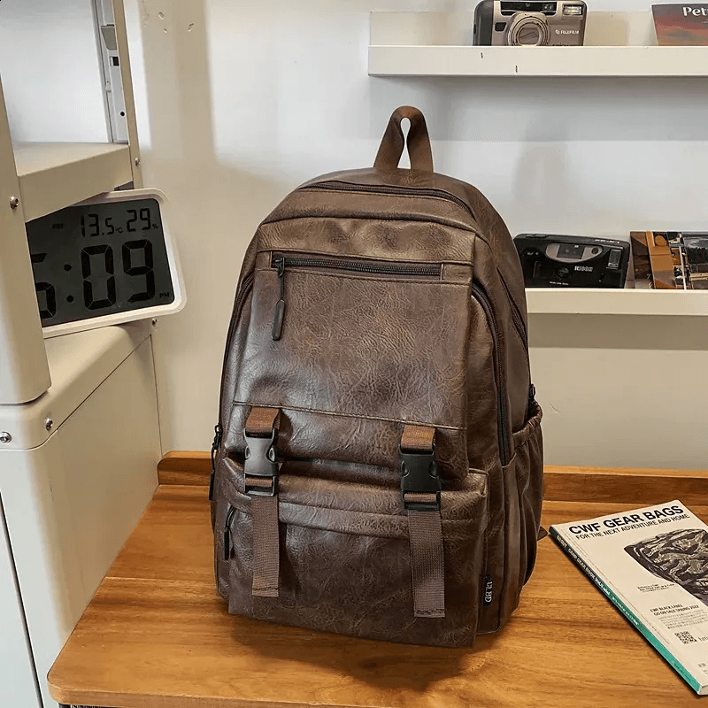 Men Large PU Leather Laptop Backpack Water-Resistant Korean Style School Rucksack