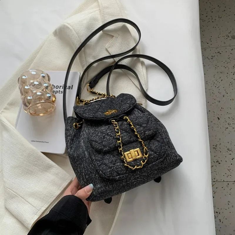 Mini Canvas Denim Backpack Purse for Women with Retro Cowboy Style Chain Detail