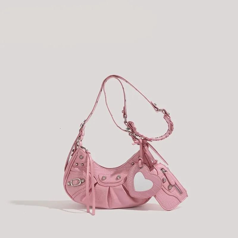 Women Genuine Leather Crescent Crossbody Bag with Adjustable Strap and Rivet Accents