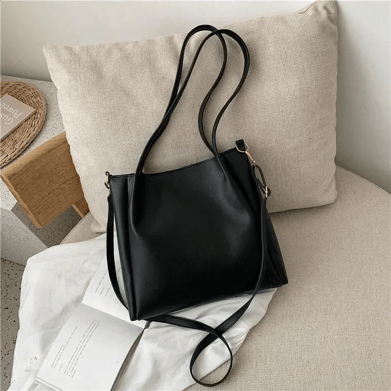 Womens PU Leather Bucket Shoulder Bag with Large Capacity Retro Design