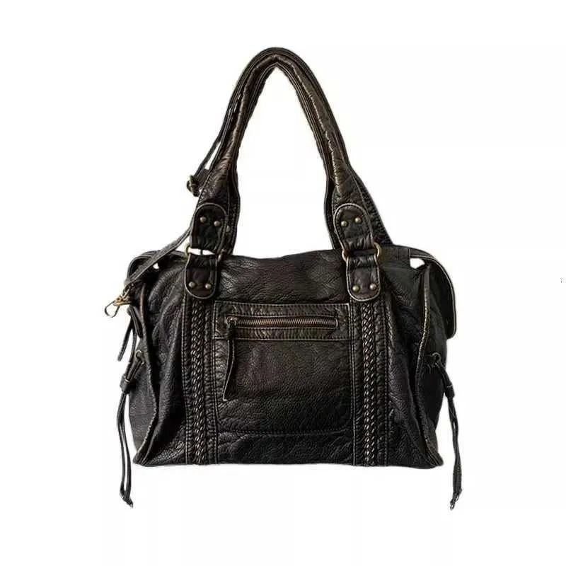 Vintage Washed PU Leather Tote Bag with Multi-Pocket Design