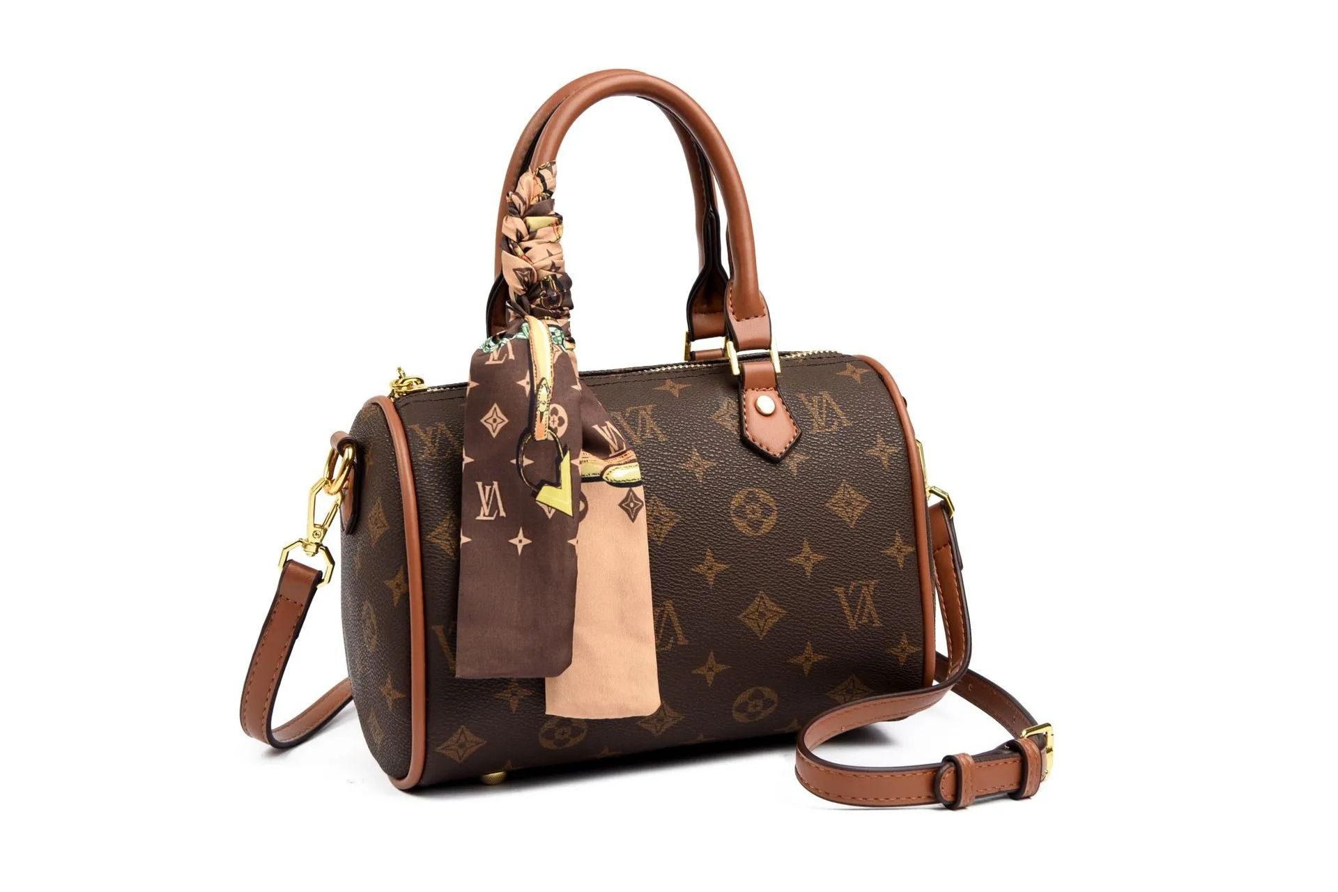 Vintage Monogram Boston Bag with Crossbody Design and Silk Scarf Accent