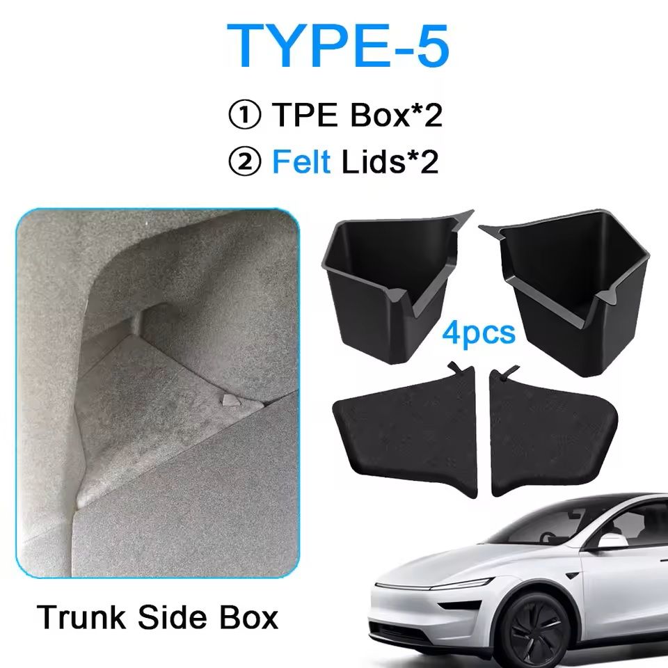 JuniperFit Trunk Organizer & Side Storage Box with Flocked TPE Mat for Tesla Model Y 2020–2025