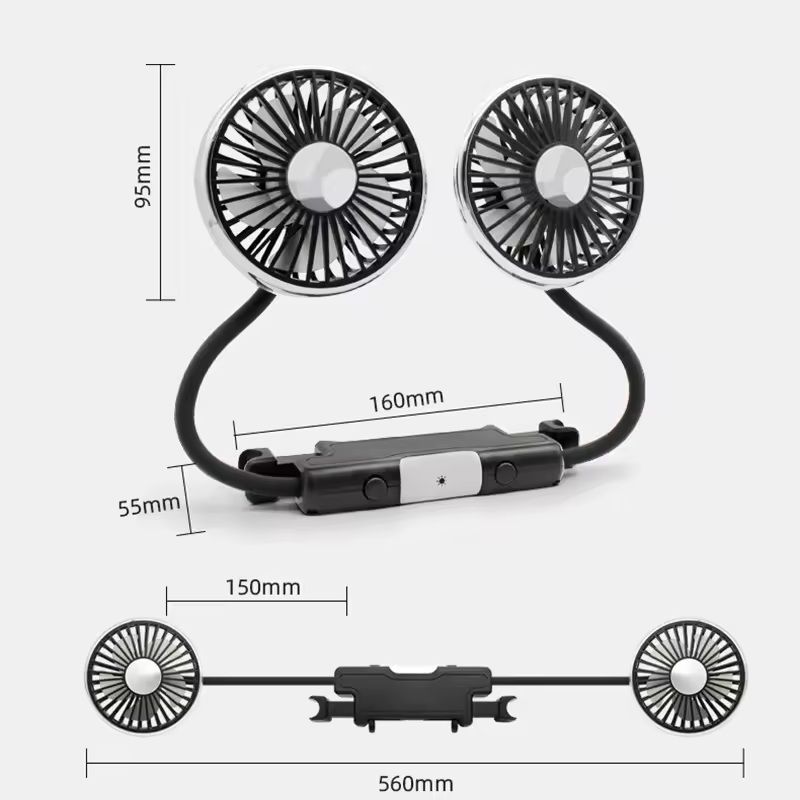 USB Dual-Head Car Fan 3-Speed 360 Adjustable Cooling Fan for Rear Seat, Pets & Kids (Headrest Mount)