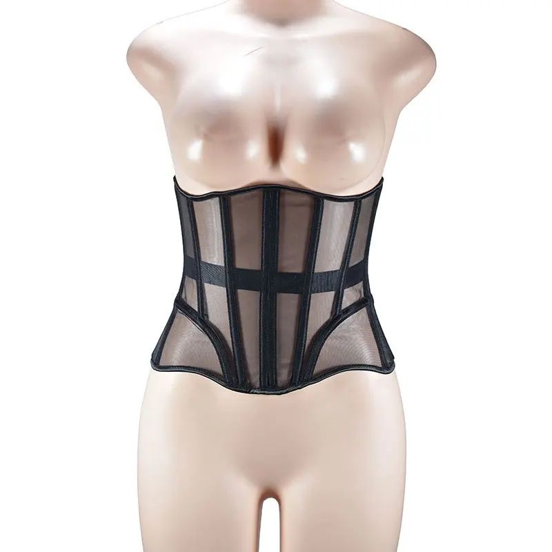 Womens Underbust Mesh Corset Crop – Boned Lace-Up Waist Slimming Bodice, Breathable Tummy Control Waist Girdle Bustier