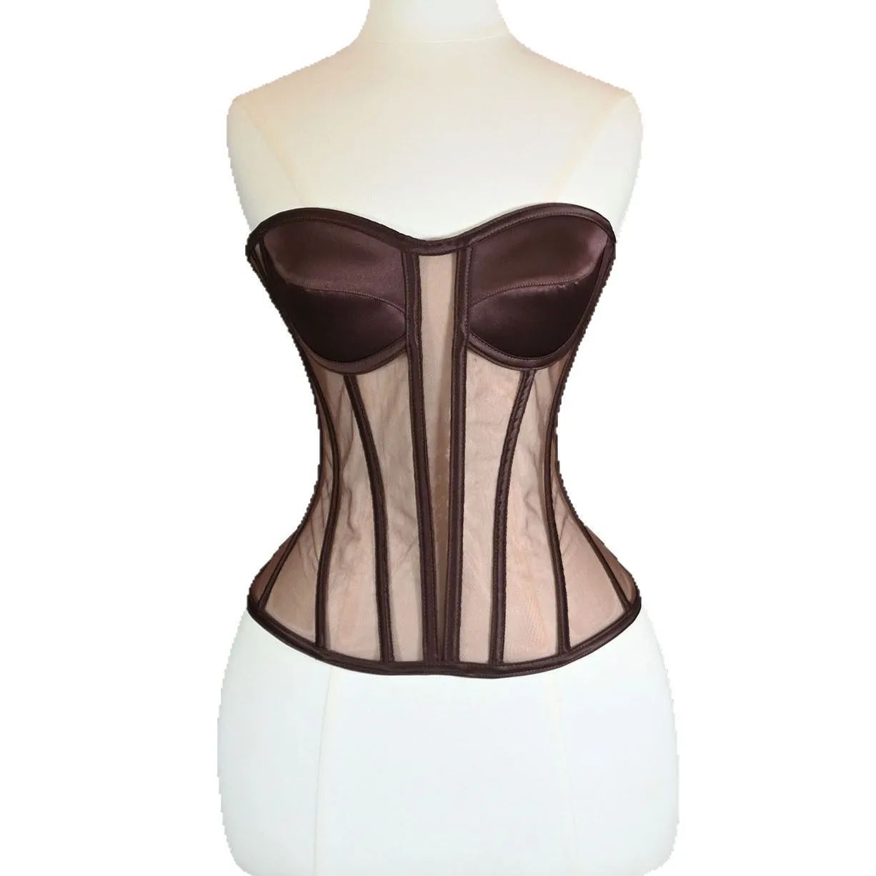 Womens Strapless Mesh Overbust Corset Bustier with Cups – Boned Lace-Up Waist Slimming Wedding Shaping Top