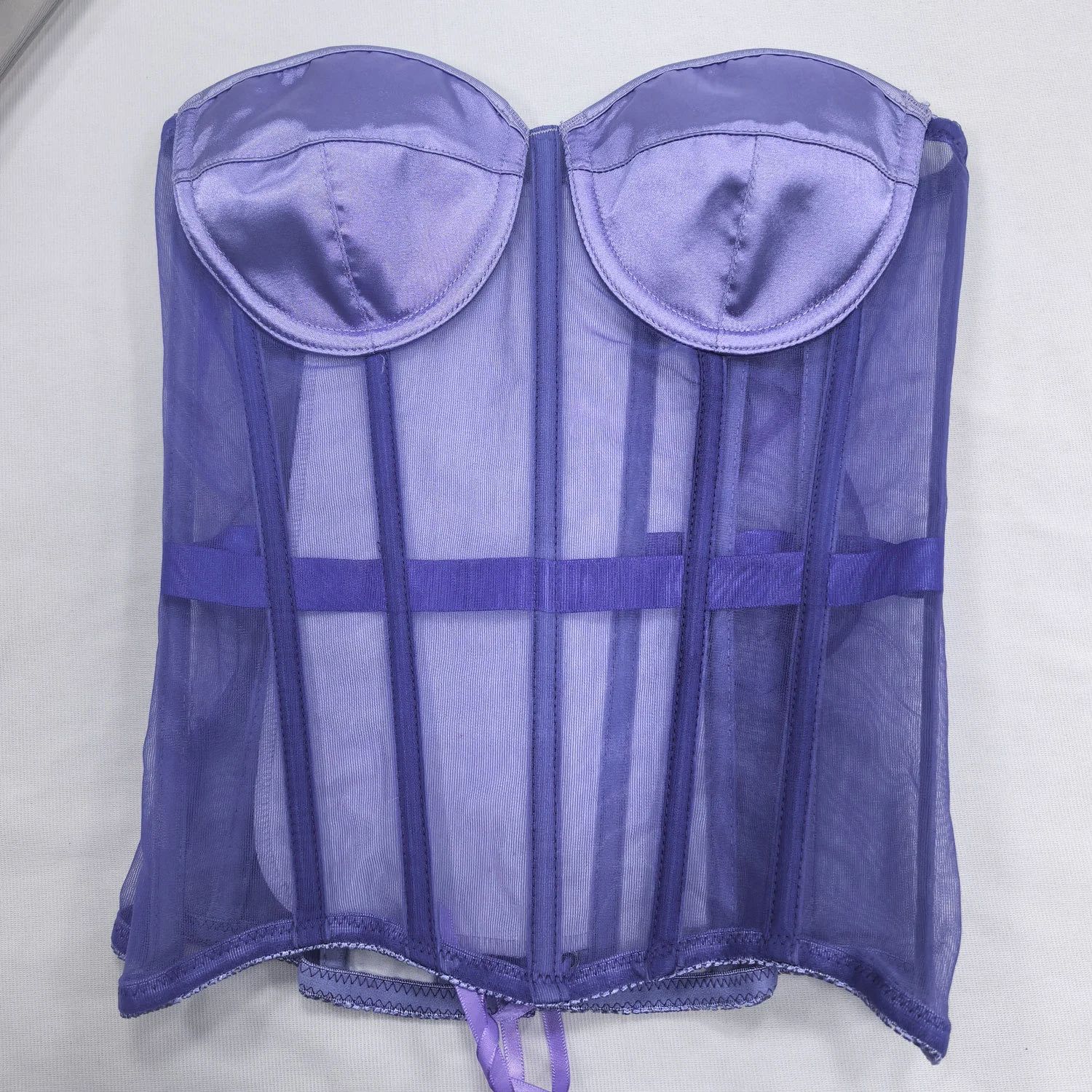 Womens Sexy Mesh Overbust Corset – Transparent Lace-Up Bustier with Cups, Boned Shaping Wedding Waist Slimmer Top