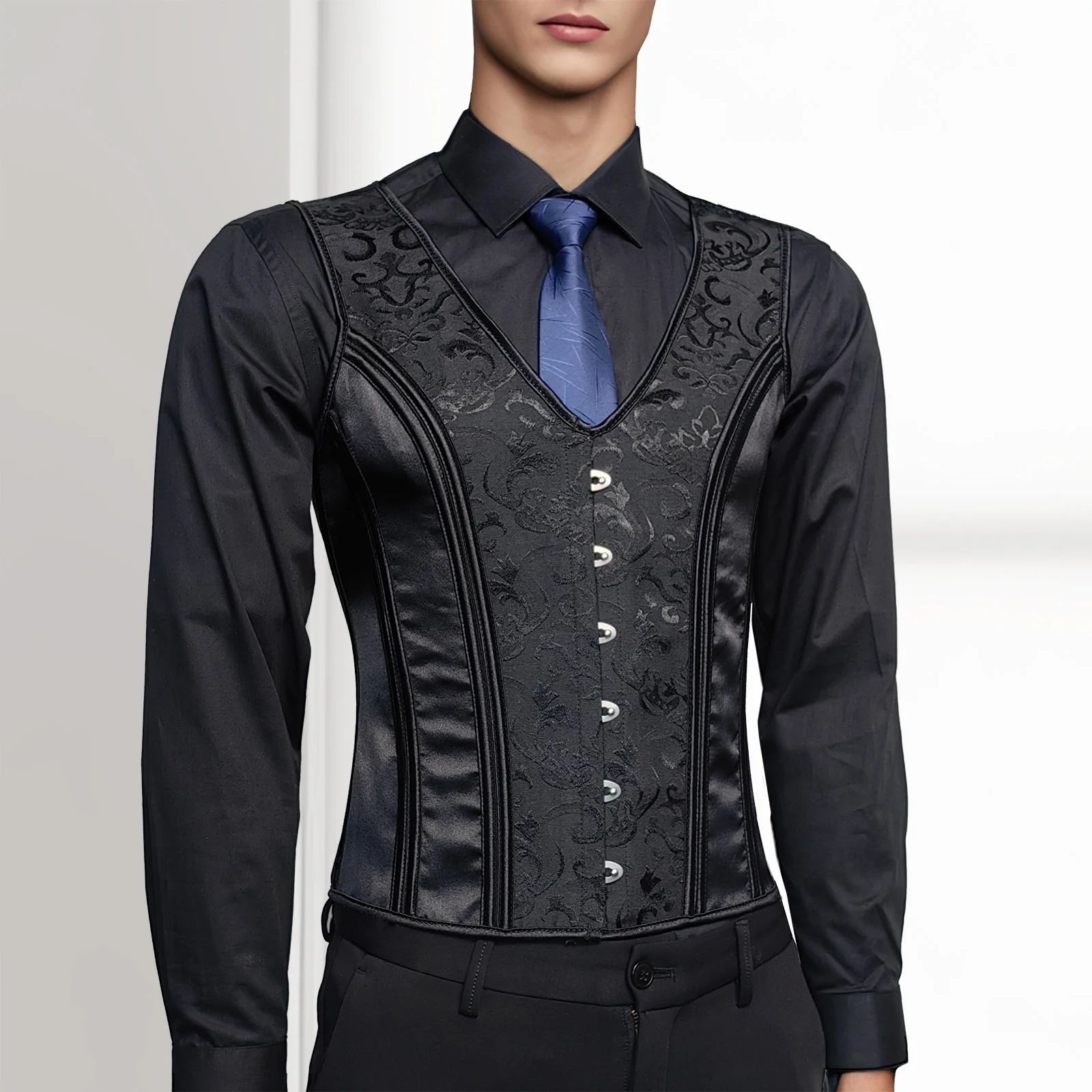 Mens Lace-Up Boned Corset Waistcoat Vest – Slim Waist Shaping V-Neck Black Print Formal Wedding & Stage Top