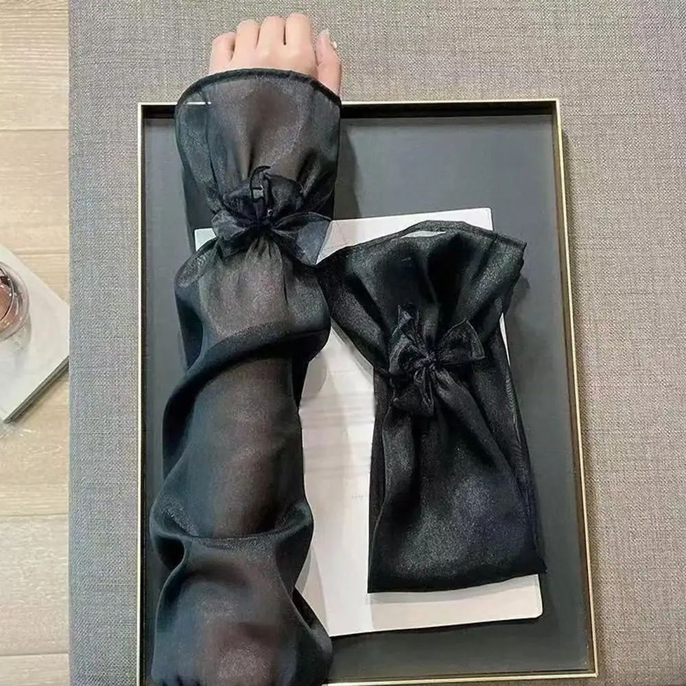Ice Silk UV Protection Sheer Arm Sleeves with Bow Tie – Lolita Fingerless Sunscreen Gloves for Women