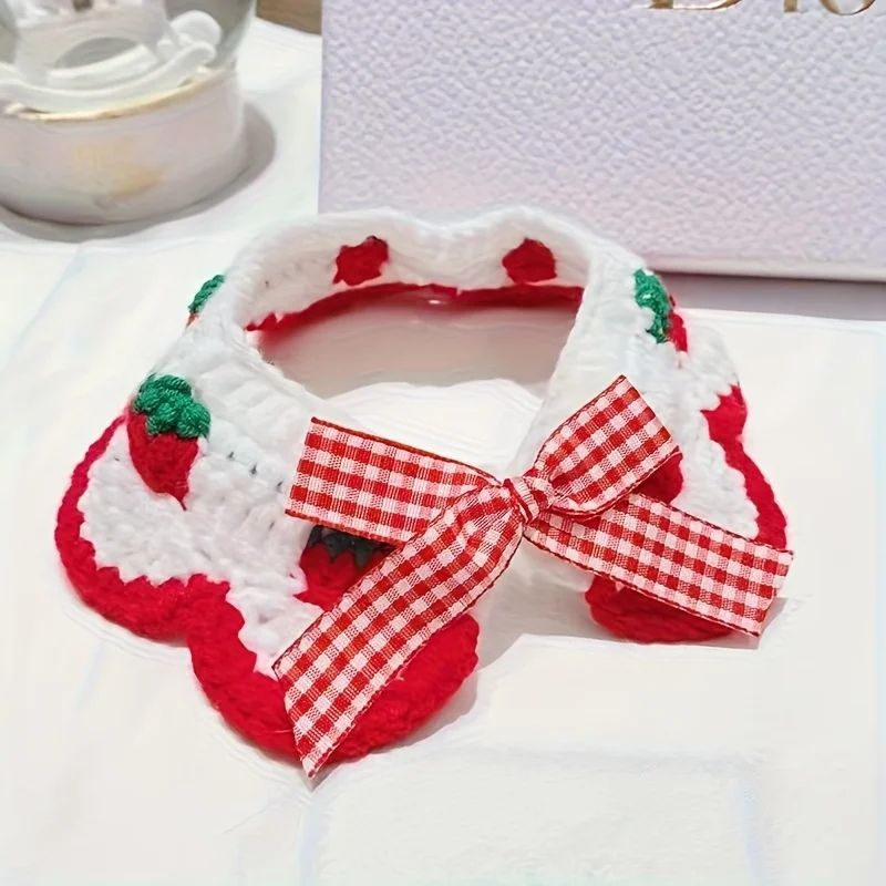 Strawberry Plaid Pet Bib Bandana – Soft Ruffle Bow Tie Collar with Adjustable Strap for Cats & Dogs