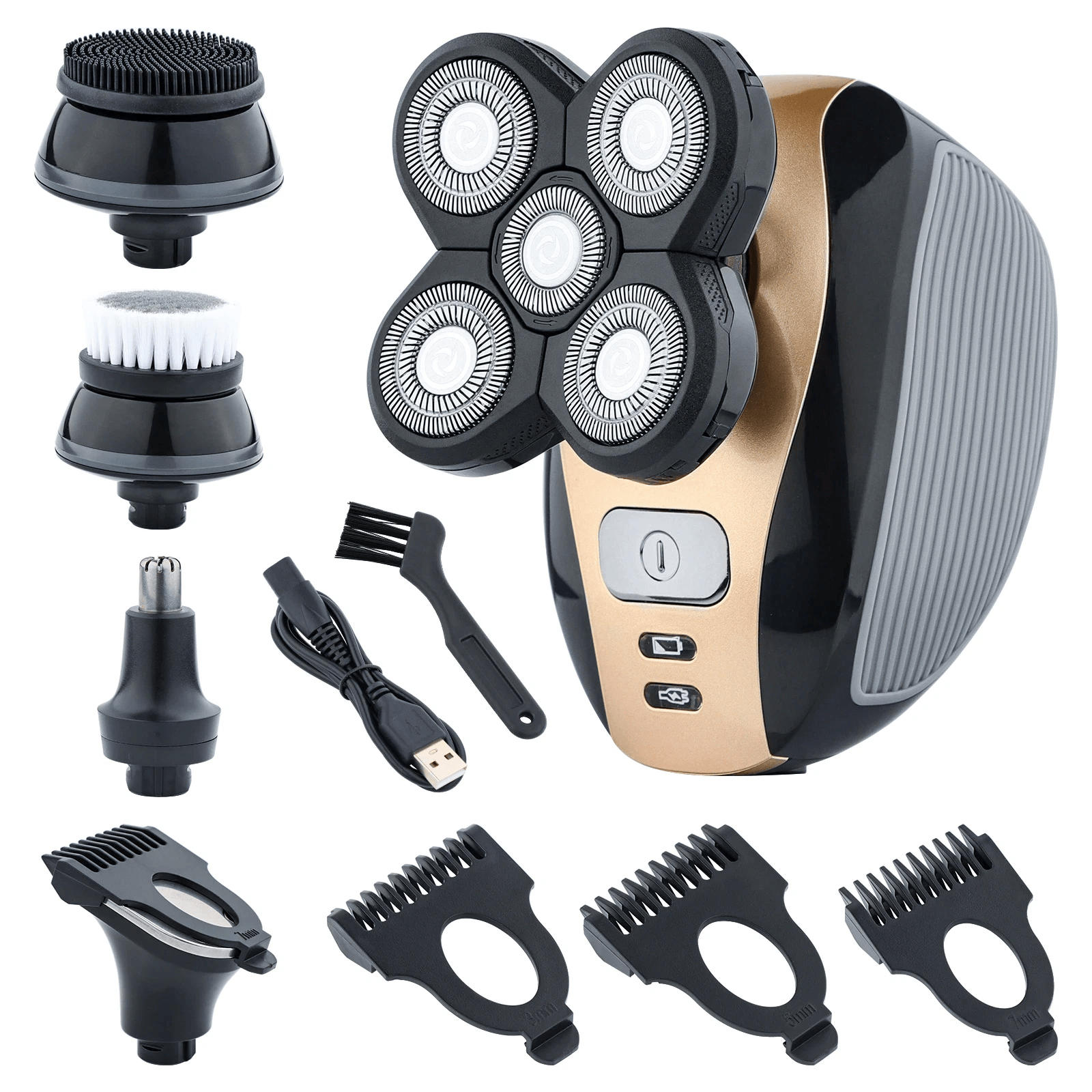 5-in-1 Men's Rotary Bald Head Shaver Kit With Trimmer, Nose Clipper & Facial Brush