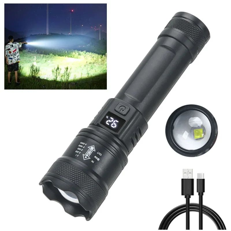 2000LM Tactical LED Flashlight with Power Display -USB Rechargeable Zoom Torch for Camping, Fishing & Emergency Survival