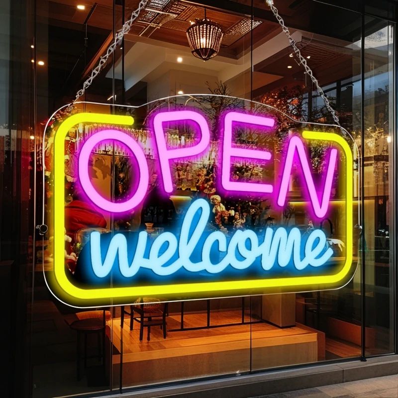 Open Welcome LED Neon Sign – USB Wall Mounted Bright Light with Switch for Bar, Cafe, Shop Window & Party Decor