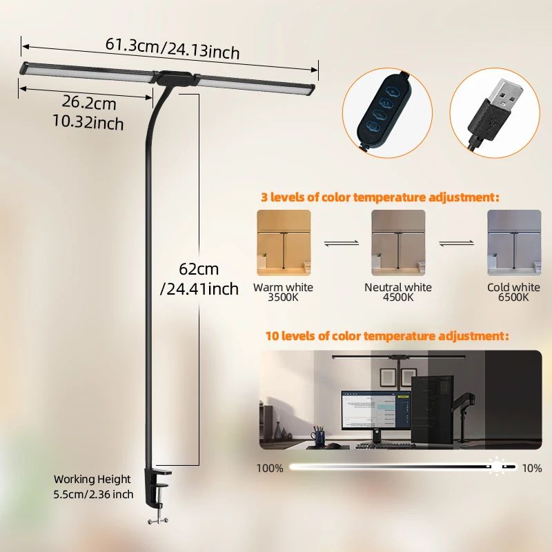 Double Head LED Desk Lamp USB Powered, Stepless Dimmable Monitor Light for Office Study Reading Computer Table Lighting