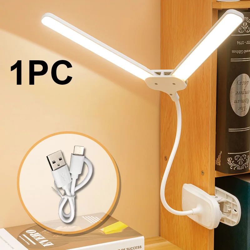 Dual Head USB-C Rechargeable LED Desk Lamp, Foldable Eye-Care Dimmable Reading Light for Bedroom Dorm Study