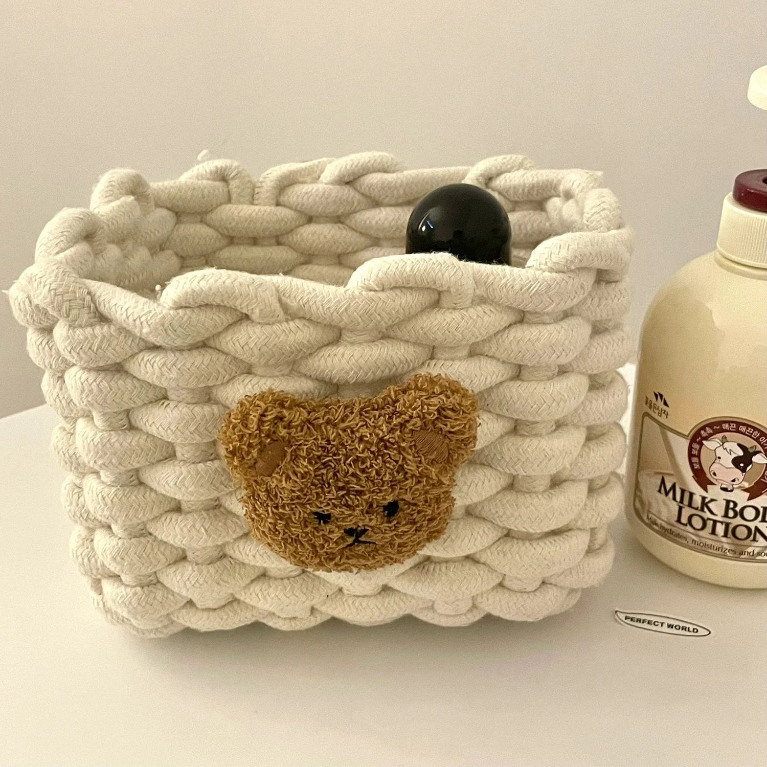 Handmade Cotton Rope Storage Basket Little Bear - Cute Desktop Organizer for Cosmetics, Sundries, Eco-Friendly Bin