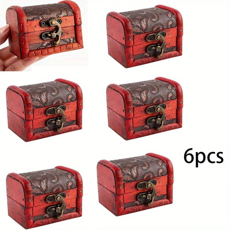 6 Pcs Vintage Wooden Jewelry Boxes w/ Lock - Mini Treasure Chest Ring & Keepsake Storage, Stackable Red & Black
