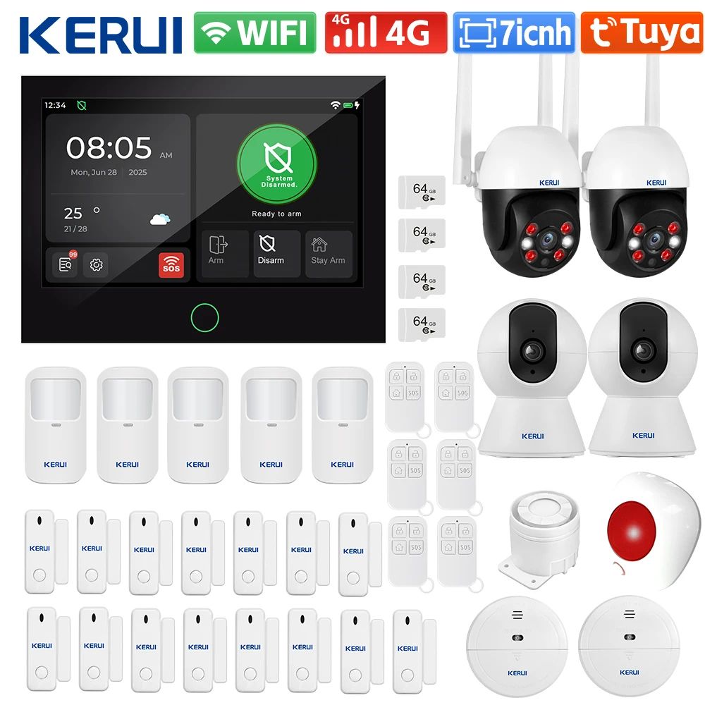 KERUI Tuya Smart 4G WiFi Home Alarm System with 7-Inch Touch Screen, Voice Control, App-Based House Security
