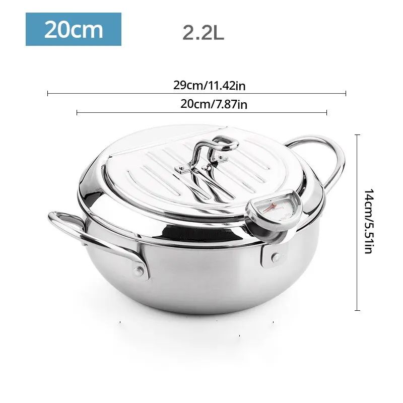 Stainless Steel Deep Frying Pan with Thermometer & Lid, Small Oil-Saving Tempura Fryer Pot for French Fries
