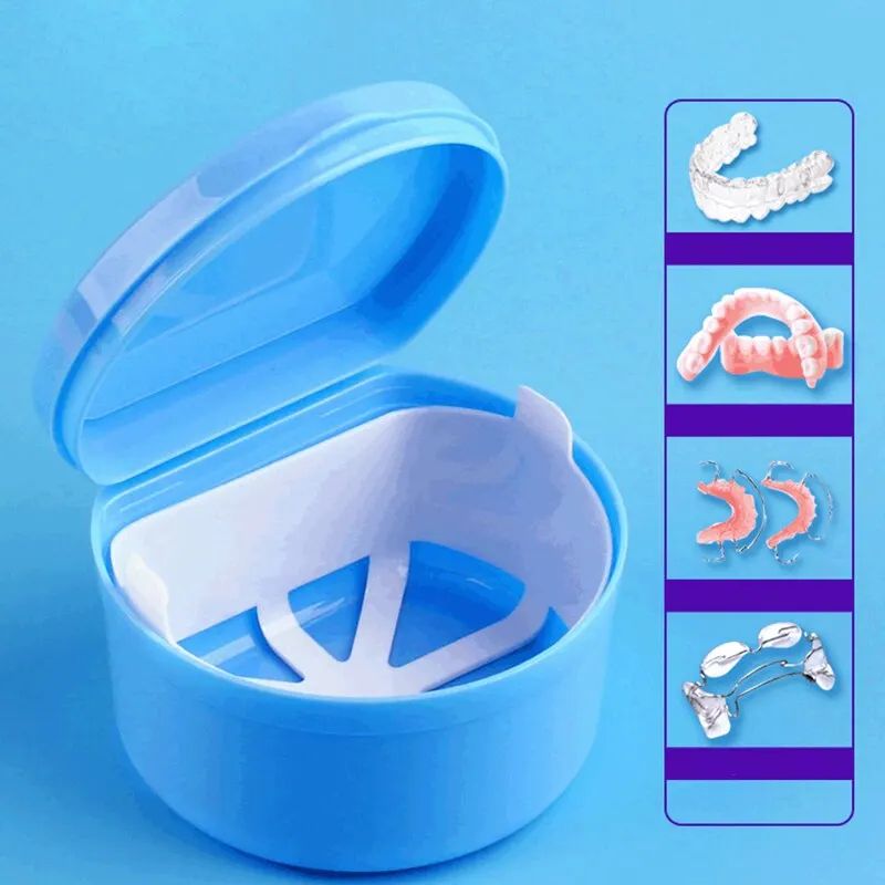Denture Cleaning Box with Strainer Basket & Magnetic Lid, Dental Retainer Holder Case for Orthodontic Appliance Care