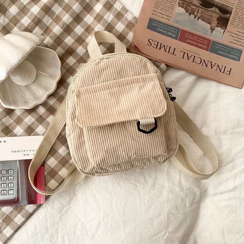 Minimalist Striped Velvet Mini Backpack for Women Students Lightweight Daypack for Leisure Travel School Casual Use