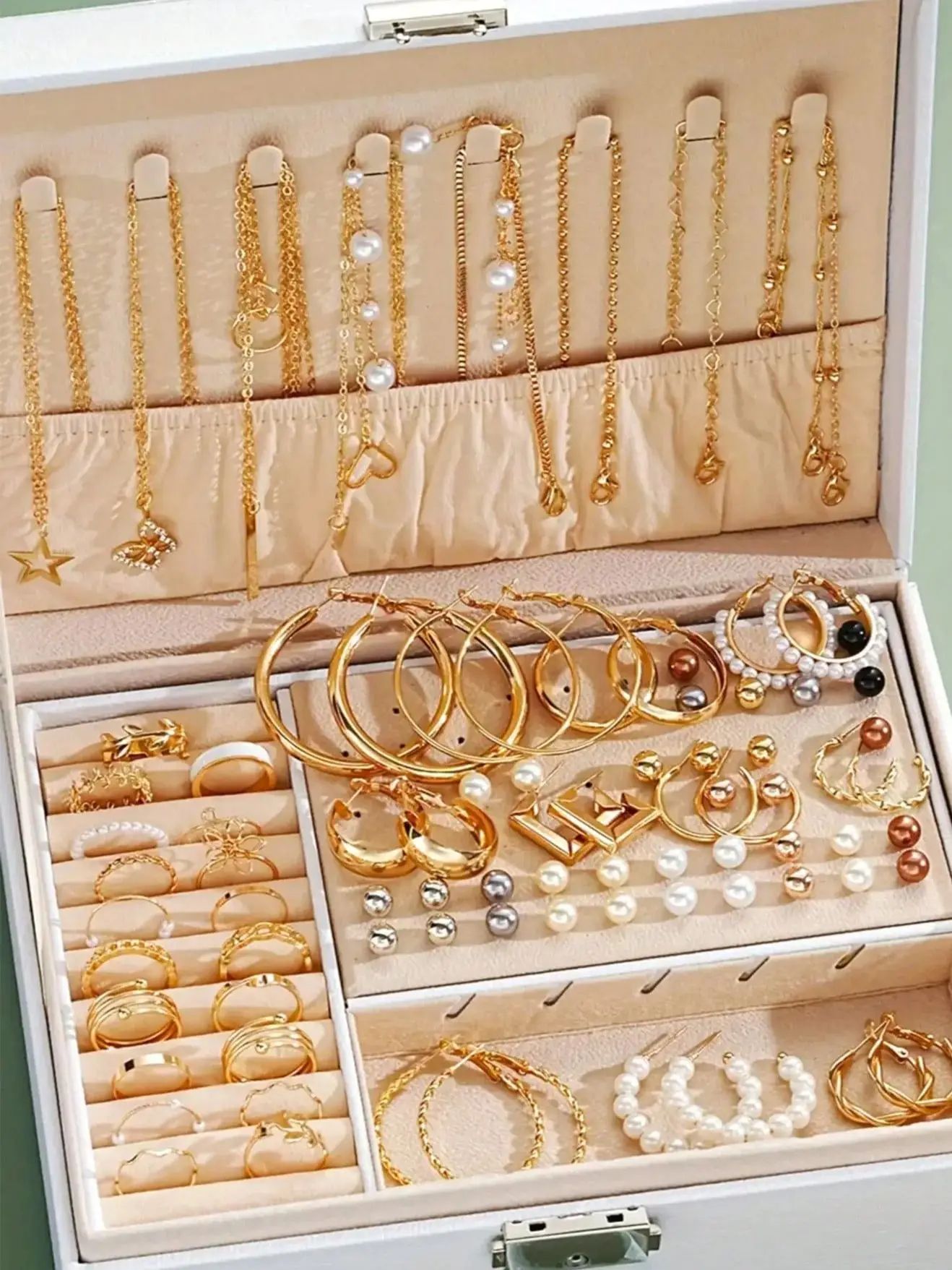86-Piece Elegant Pearl Jewelry Set - Multi-Layer Necklace, Earrings, Rings & Stud Collection