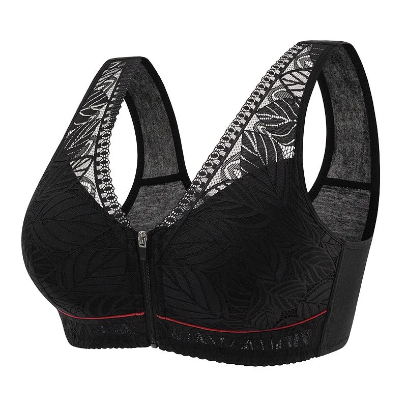 Front-Zip Cotton Sports Yoga Bra – Wireless Lace Tank Top (S–6XL)