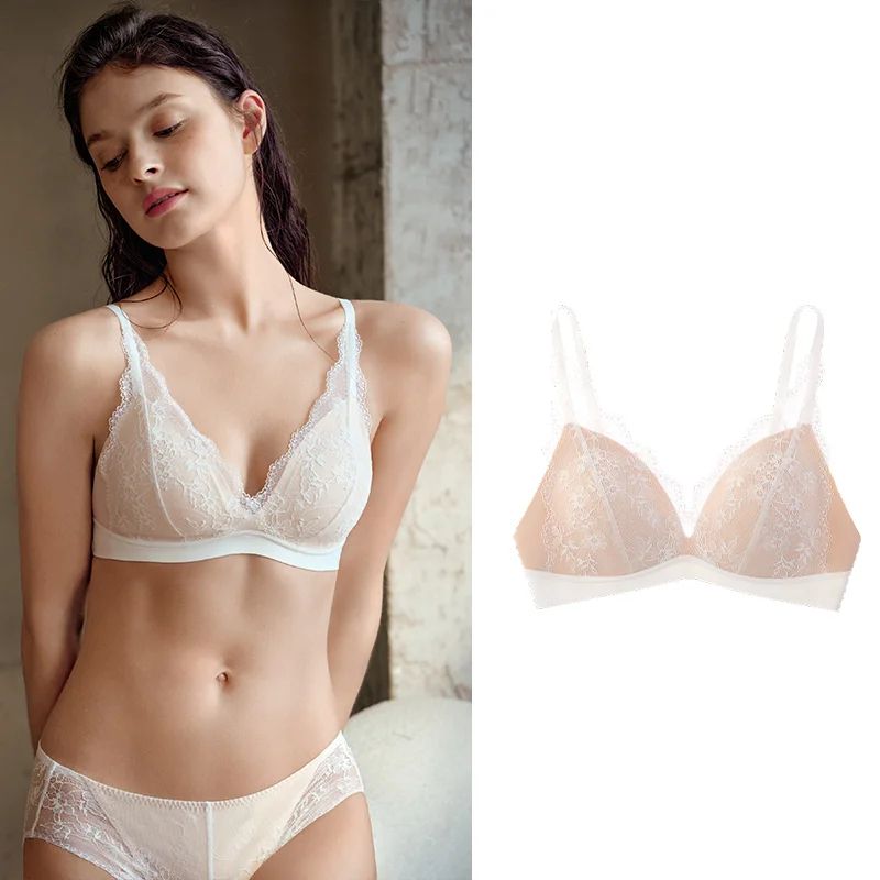 SUJIIN Deep V Wireless Push-Up Lace Bra – Breathable French Style Summer Lingerie