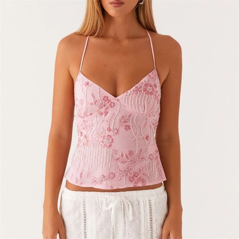 Y2K Sequin Pearl Halter Crop Top – Glitter Rhinestone V-Neck Summer Camisole